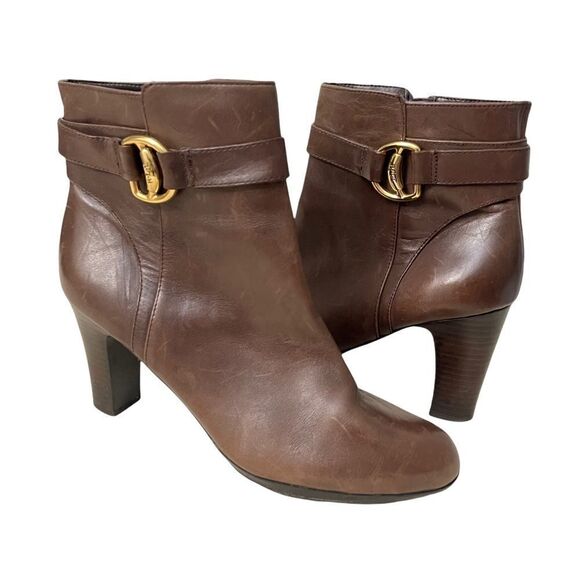 Ralph Lauren Womens Brown Leather Belted‎ Mandy Boots Stacked Heel Sz 9.5B - Picture 1 of 10